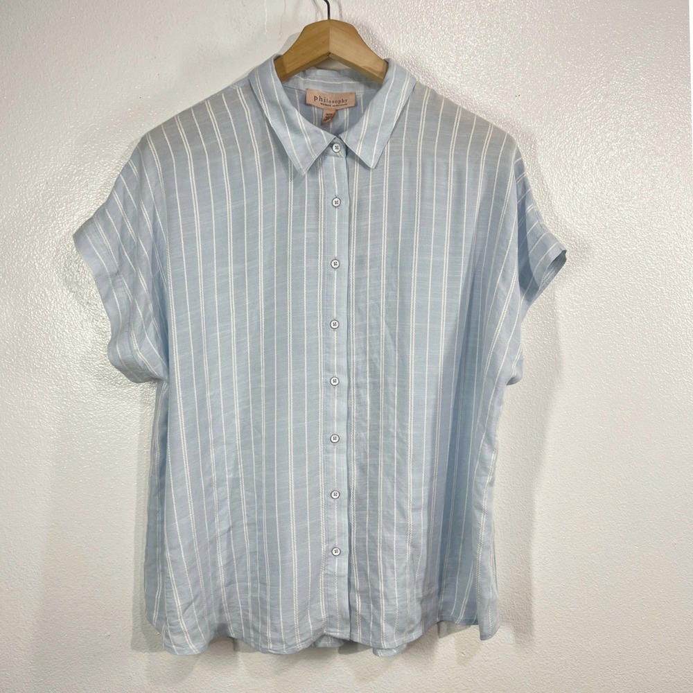 Philosophy Woman Striped Button‎ Front Blouse 1X Blue Short Sleeve Casual